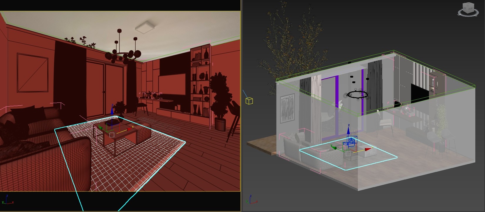 Blick hinter die Kulissen der 3D-Architekturvisualisierung: Die geteilte Benutzeroberfläche einer professionellen 3D-Software veranschaulicht den technischen Prozess des virtuellen Home Stagings. Die linke Seite zeigt die Kameraperspektive eines Wohnzimmers im untexturierten Drahtgitter-Modus (Wireframe) mit farblich hervorgehobenem Sichtfeld. Die rechte Seite präsentiert das gesamte 3D-Raummodell in einer isometrischen Übersicht, die die exakte Platzierung der virtuellen Kamera und den Aufbau der Szene verdeutlicht. Ein ideales Motiv zur Erklärung von professioneller Kameraeinstellung und Bildkomposition für fotorealistische Immobilien-Renderings.